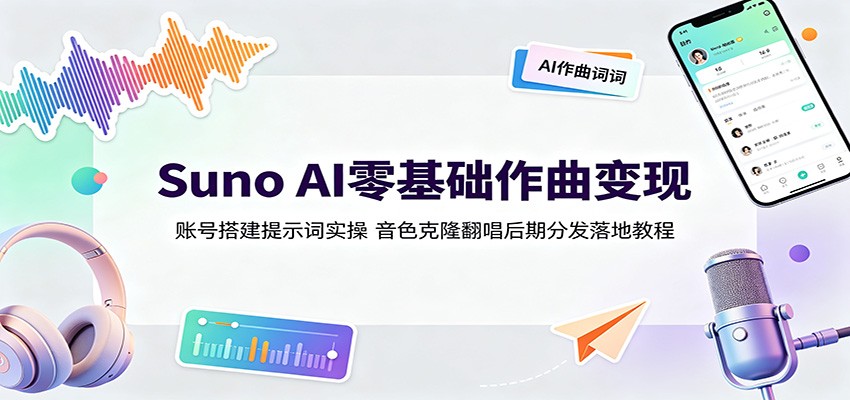 Suno AI零基础作曲变现：账号搭建提示词实操，音色克隆翻唱后期分发落地教程-选优云网创