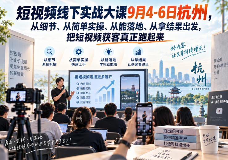 短视频线下实战大课9月4-6日杭州，从细节、从简单实操、从能落地、从拿结果出发，把短视频获客真正跑起来（更新）-选优云网创