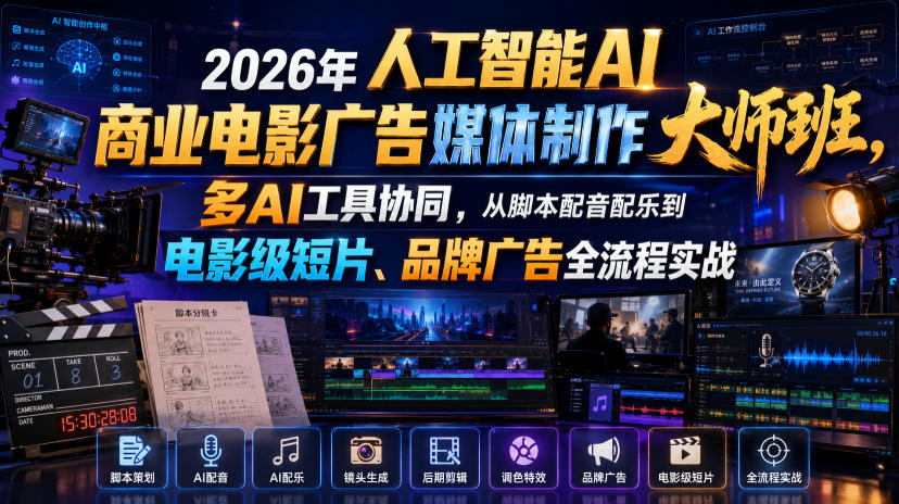 2026年人工智能AI商业电影广告媒体制作大师班，多AI工具协同，从脚本配音配乐到电影级短片、品牌广告全流程实战(中英字幕)-选优云网创