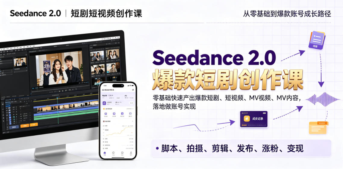 Seedance 2.0短剧短视频创作课，零基础快速产出爆款短剧、短视频、MV内容，落地做账号实现变现-选优云网创