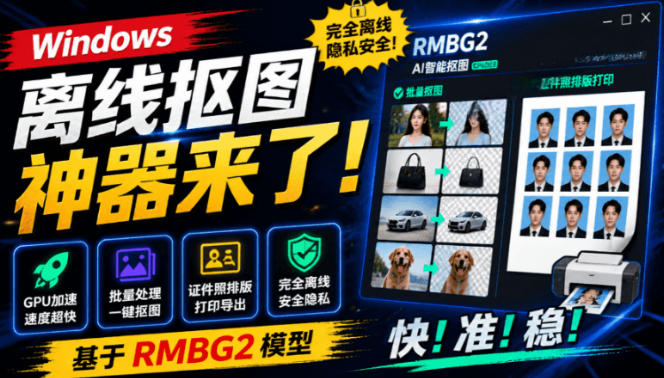 Windows离线抠图神器来了！支持批量抠图+证件照排版打印，基于RMBG2模型，GPU加速方块AI抠图-选优云网创
