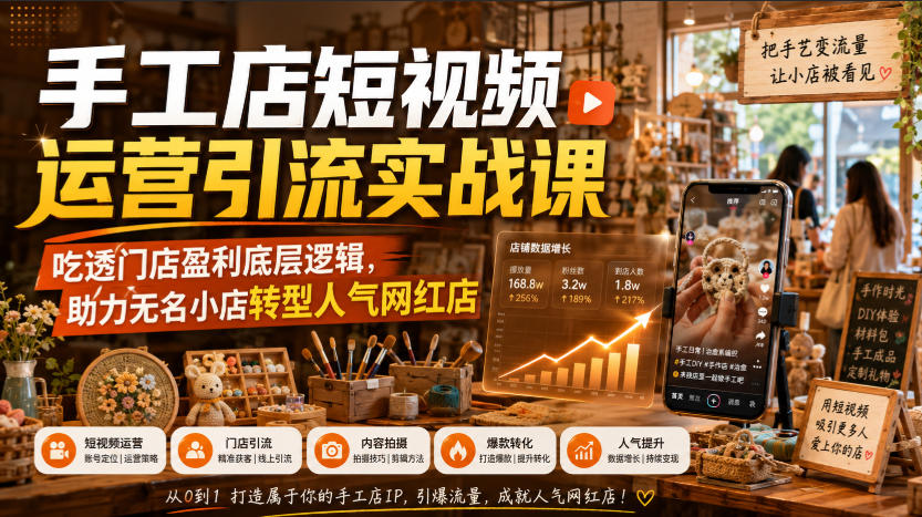 手工店短视频运营引流实战课,吃透门店盈利底层逻辑,助力无名小店转型人气网红店-选优云网创