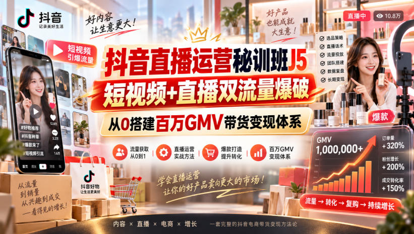 抖音直播运营秘训班J5|短视频+直播双流量爆破,从0搭建百万GMV带货变现体系-选优云网创