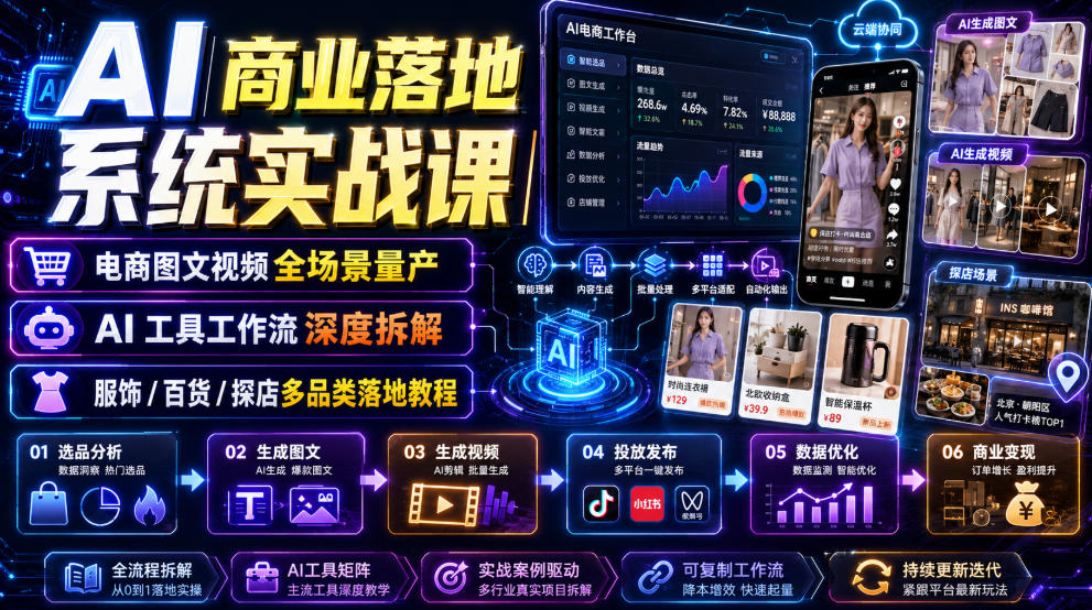 AI商业落地系统实战课|电商图文视频全场景量产・AI工具工作流深度拆解・服饰/百货/探店多品类落地教程-选优云网创