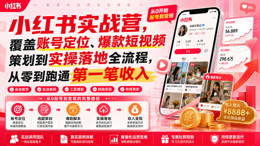 小红书实战营，覆盖账号定位、爆款短视频策划到实操落地全流程，从零到跑通第一笔收入-选优云网创