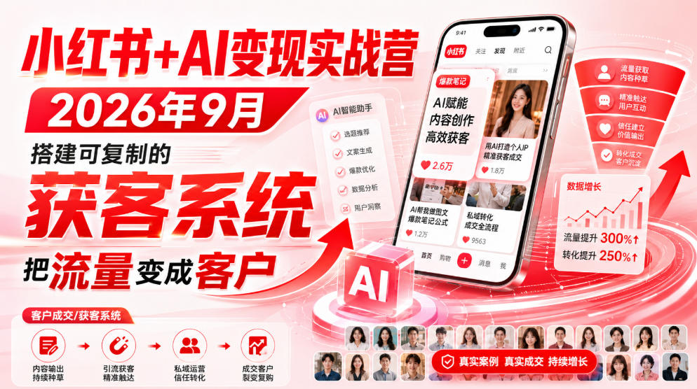 小红书+AI变现实战营2026年9月，搭建可复制的获客系统，把流量变成客户！-选优云网创