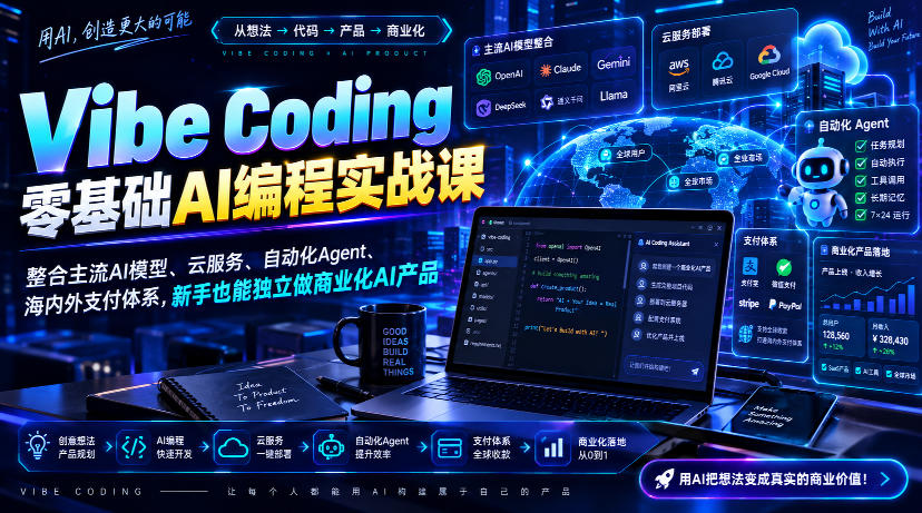 Vibe Coding零基础AI编程实战课-无水印，整合主流AI模型、云服务、自动化Agent、海内外支付体系，新手也能独立做商业化AI产品-选优云网创