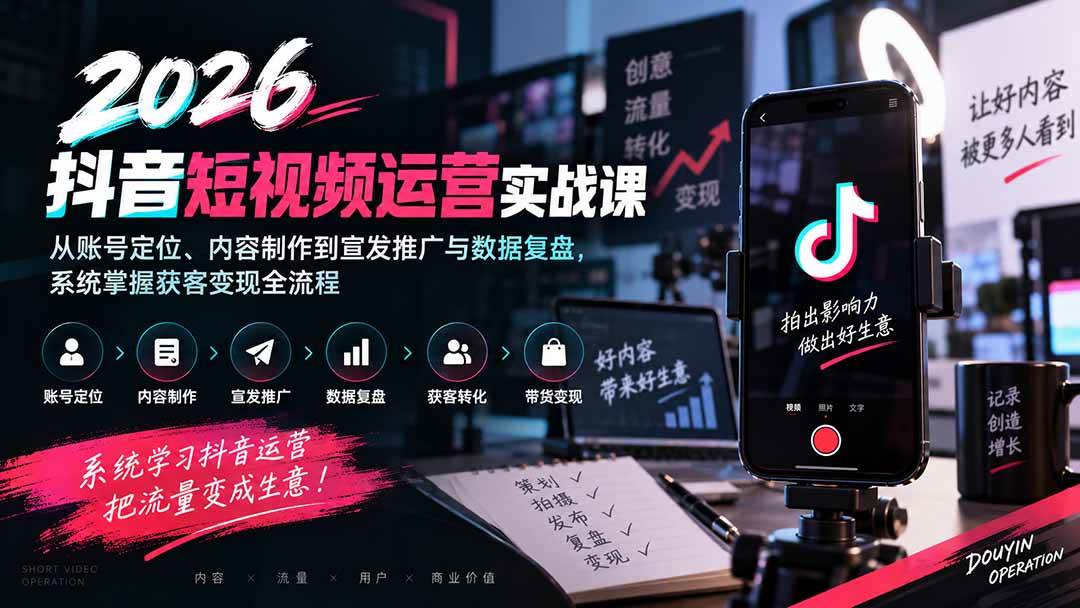 （20406期）2026抖音短视频运营实战课：从账号定位、内容制作到宣发推广与数据复盘，系统掌握获客变现全流程-选优云网创
