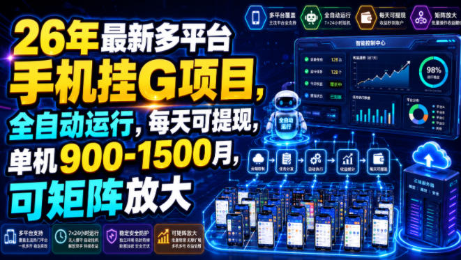 26年最新多平台手机挂G项目，全自动运行，每天可提现，单机900-1500月，可矩阵放大【揭秘】-选优云网创