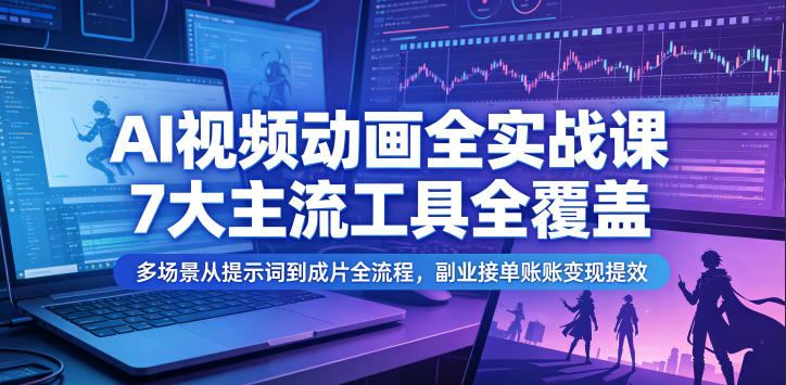 AI视频动画全实战课，7大主流工具全覆盖，多场景从提示词到成片全流程，副业接单账号变现提效-选优云网创