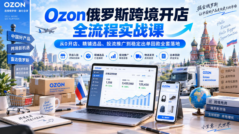 Ozon俄罗斯跨境开店全流程实战课｜从0开店、精铺选品、投流推广到稳定出单回款全套落地-选优云网创