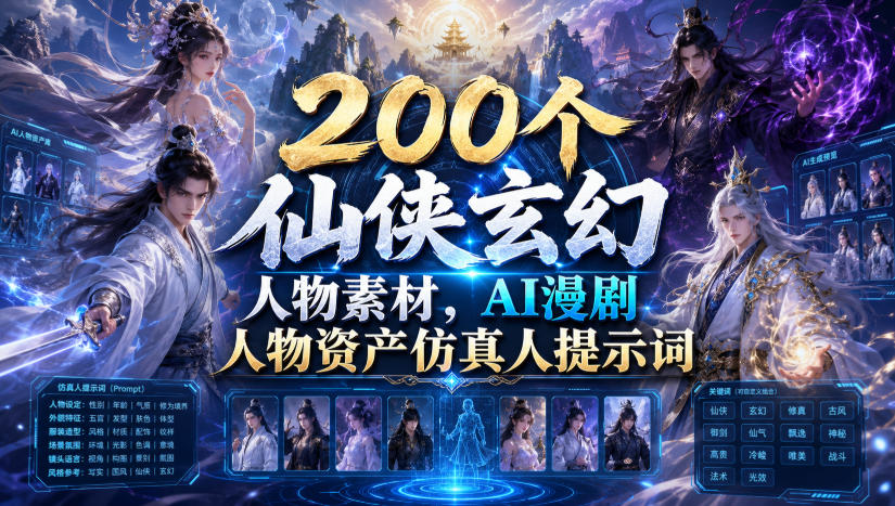 200个仙侠玄幻人物素材，AI漫剧人物资产仿真人提示词-选优云网创
