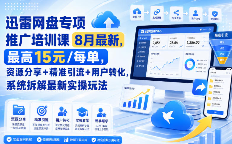 迅雷网盘专项推广培训课9月最新，最高15米/每单，资源分享+精准引流+用户转化，系统拆解最新实操玩法（更新0915）-选优云网创