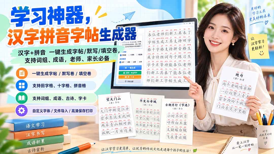 （20299期）学习神器，汉字拼音字帖生成器，汉字+拼音 一键生成字帖/默写/填空卷，支持词组、成语，老师、家长必备-选优云网创
