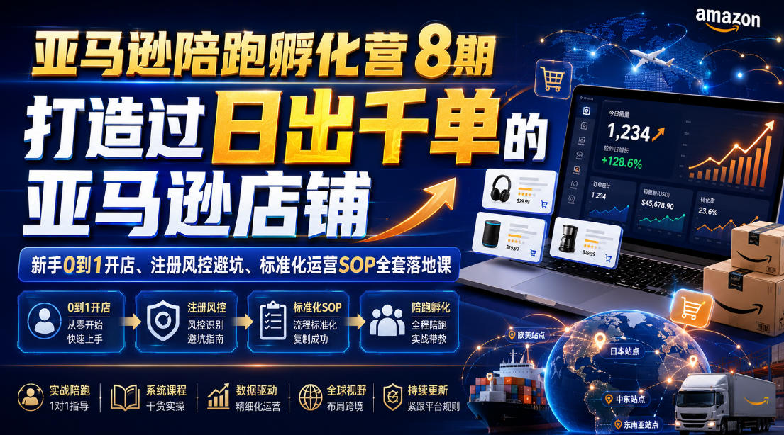 亚马逊陪跑孵化营8期，打造过日出千单的亚马逊店铺，新手0到1开店、注册风控避坑、标准化运营SOP全套落地课-选优云网创