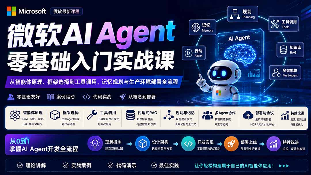 微软AI Agent零基础入门实战课：从智能体原理、框架选择到工具调用、记忆规划与生产环境部署全流程-选优云网创