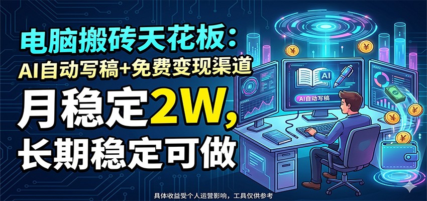 电脑搬砖天花板：AI自动写稿+免费变现渠道，月稳定2W，长期稳定可做-选优云网创