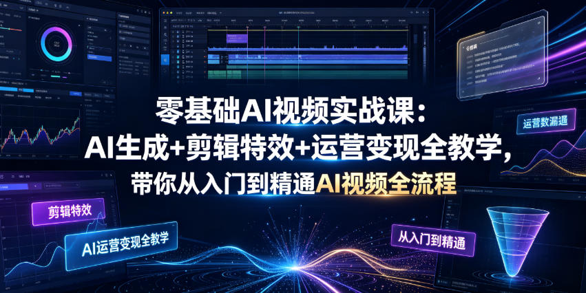 零基础AI视频实战课：AI生成+剪辑特效+运营变现全教学，带你从入门到精通AI视频全流程-选优云网创