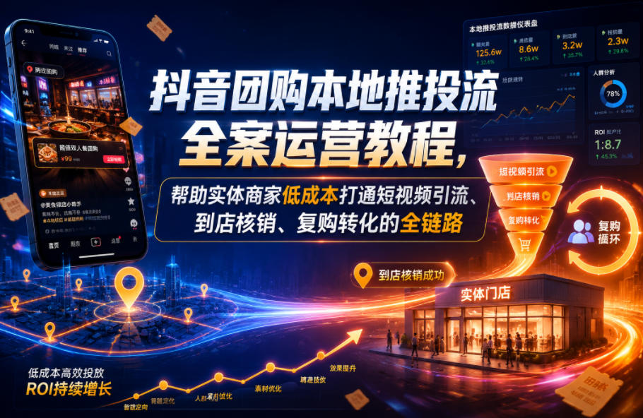 抖音团购本地推投流全案运营教程，帮助实体商家低成本打通短视频引流、到店核销、复购转化的全链路-选优云网创